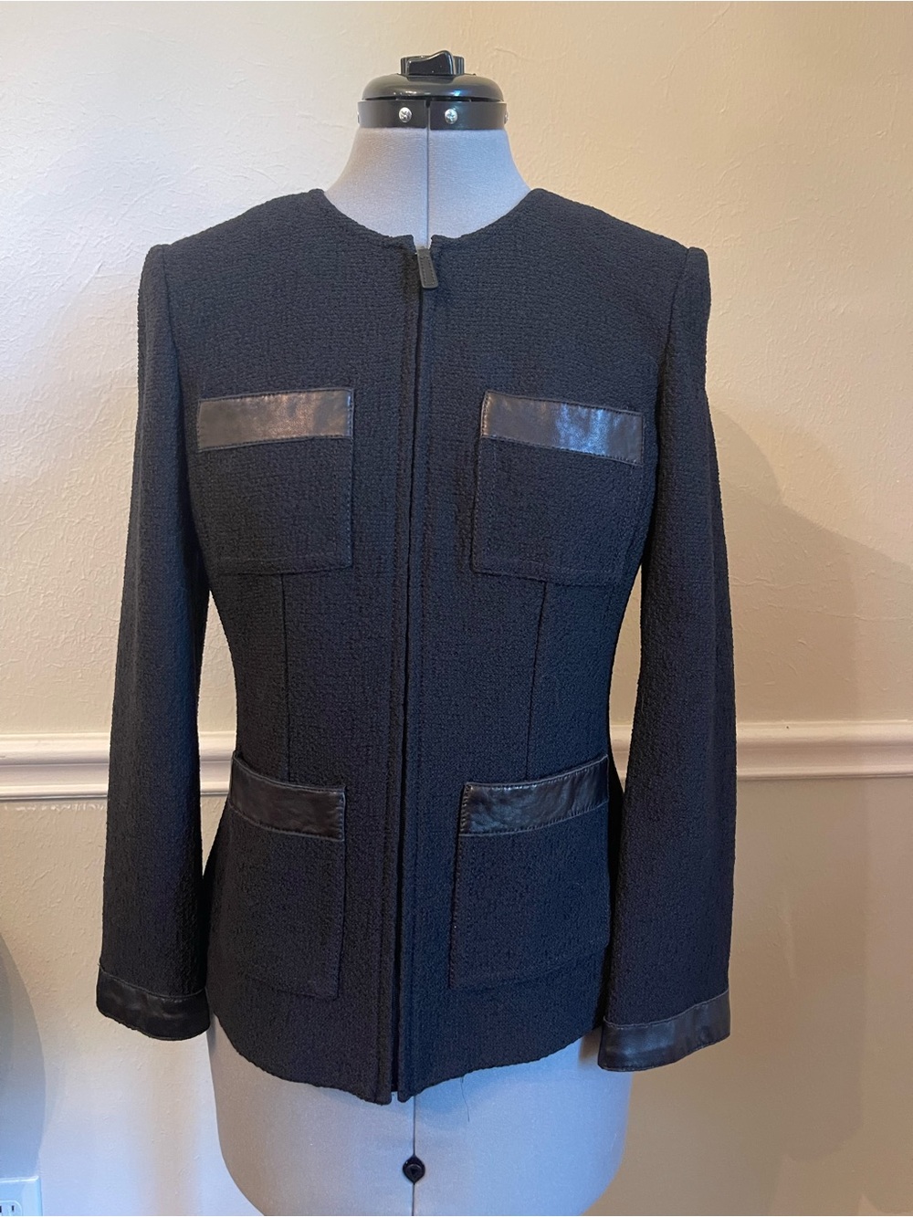 St. John Black Tweed Zip-Front Jacket with Leather Trim
